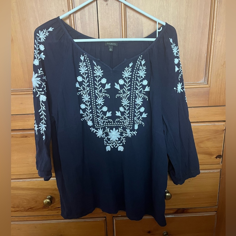 Talbots Navy Blouse with White Floral Embroidery